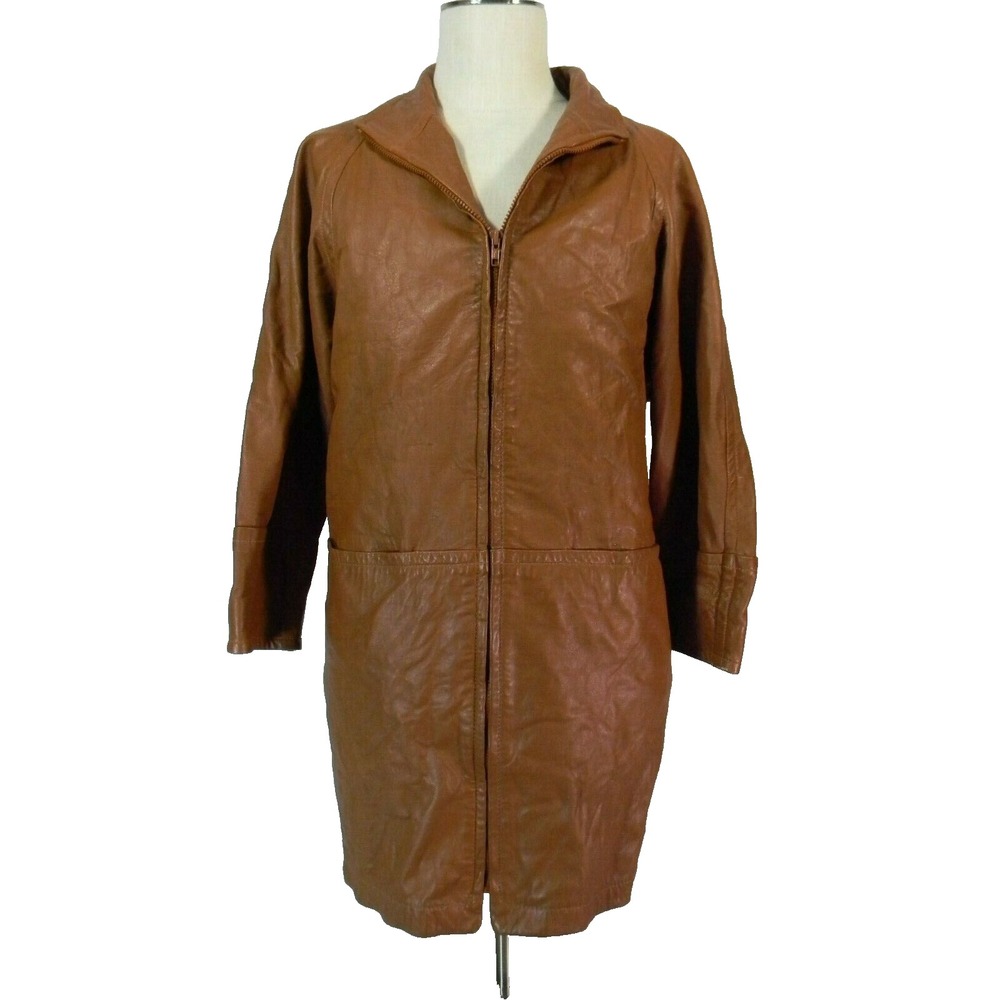 G-III Coat Womens S Brown Vintage Genuine Leather Classic Zip Long Jacket